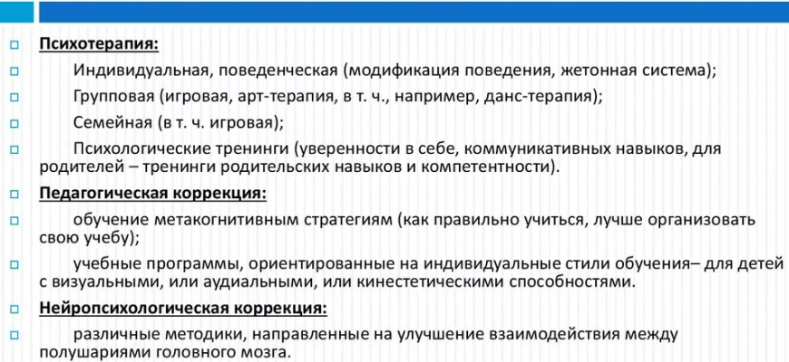 На фото описаны методы коррекции при проявлении СДВГ у детей и подростков.